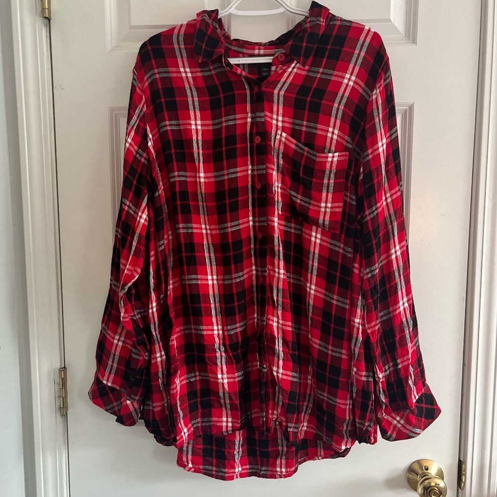 Lane Bryant Red, Black, & Metallic Button Up Plaid Long Sleeve, Pocket, 22/24